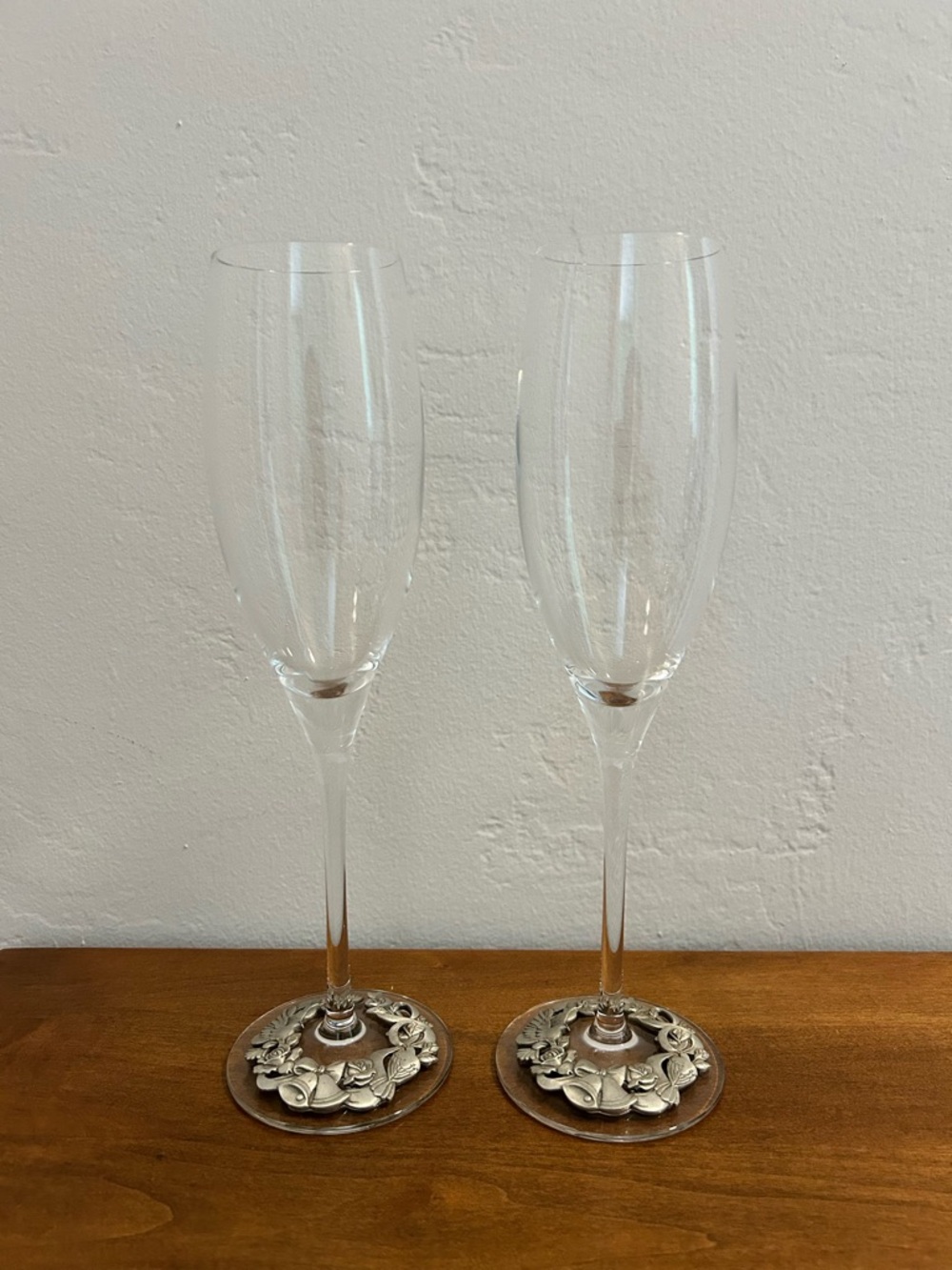 Lindsay Claire Vintage Champagne Flutes Set of 2 Pewter Floral Wedding Glasses